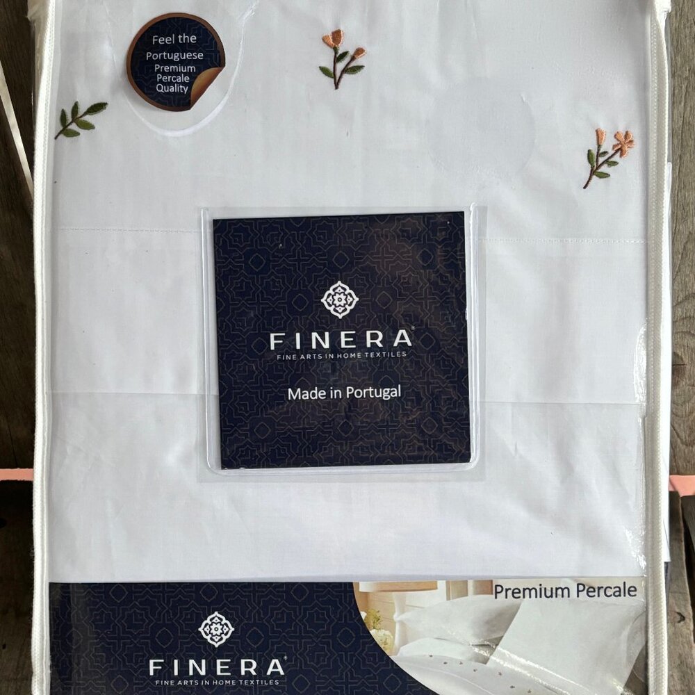 FINERA KING Size Sheet Set Crisp Percale Cotton Serene Floral/Embroidered